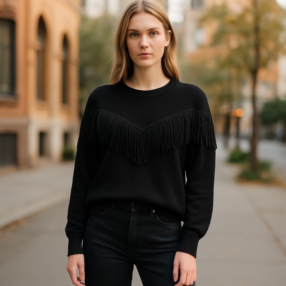 Chelsea & Theodore Fringe Crewneck Sweater Viscose Blend Black L